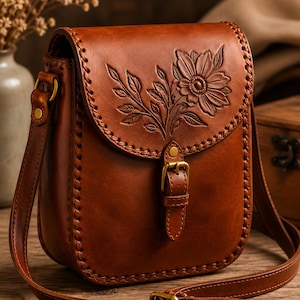 May include: A medium brown leather crossbody bag featuring a hand-tooled floral design on the front flap. The bag is constructed with visible whipstitch detailing along the edges and includes an adjustable shoulder strap with brass hardware.