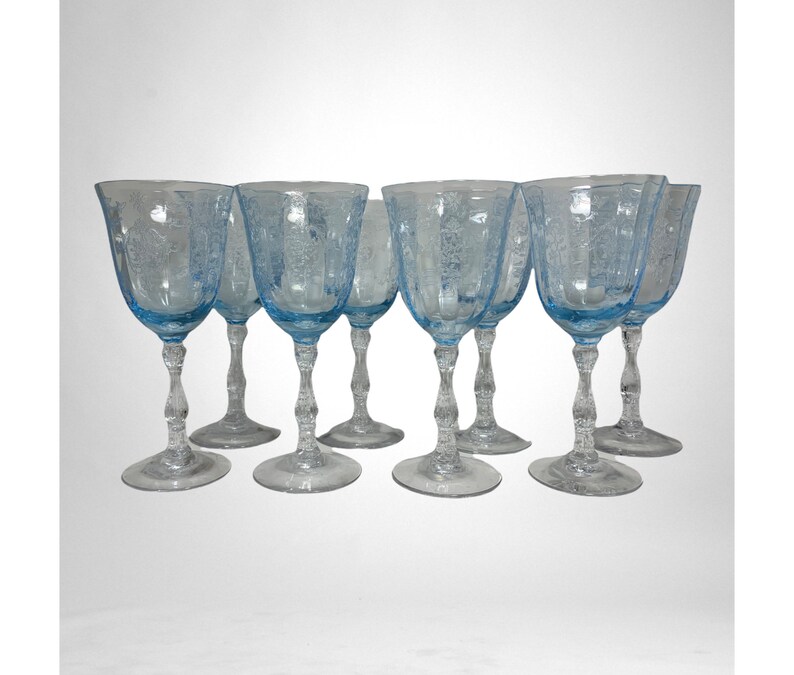 Fostoria Blue Navarre Etched Crystal Large Claret Wine Goblets Etsy