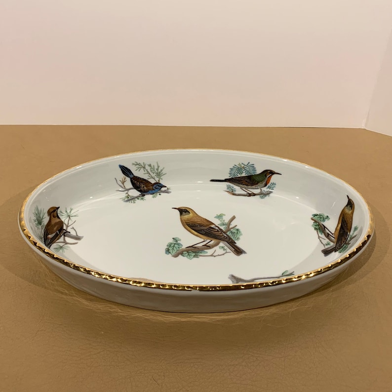 Le Faune Louis Lourioux Oval Casserole or Serving Dish with Bird Design Highlighted in Gold