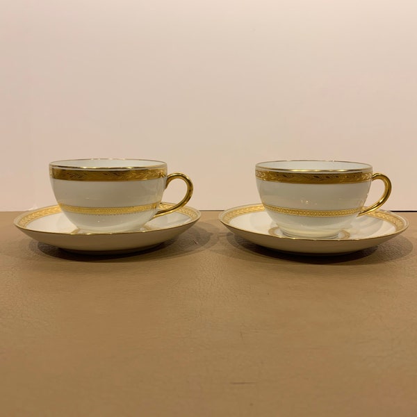 B C Limoges Antique Porcelain Coffee Tea Cup & Saucer Sets White with Gold Leaf Trim
