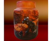 Rare Unusual Cameo Art Glass Vase with Dog and Frog Unsigned