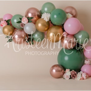 Boho Floral Balloon Garland - Pink, blush, mint, & green - 1st birthday background for cake smash photos - Girl Cake Smash Digital Backdrop