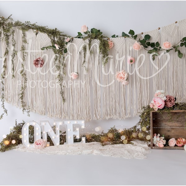 Cake Smash Digital Backdrop for Girl - Boho Floral Hanging Macrame, Twinkle Lights and Flowers - Blush, Green, Pink, Gold Cream and Rose