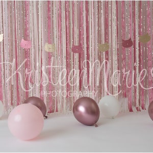 Cake Smash Digital Backdrop for Girl - Pink and Gold Kitty Cat with balloons- 1st birthday background for cake smash photos