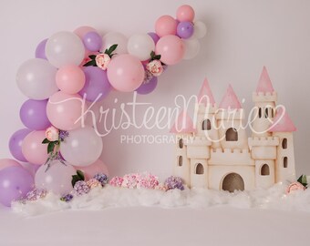 Cake Smash Digital Telón de fondo para niña - Fondo de princesa floral rosa y púrpura con arco de globo - Fondo del 1er cumpleaños