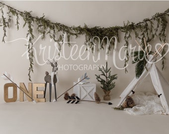 I Love You Deerly Cake Smash Backdrop - Boho Macrame, Teepe, Arrows, Pinecones, Greenery & Deers - Digital Download - Cake Smash Backdrop