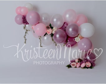 Digital Backdrop for Girl Mauve and Pink balloon arch with flowers - Floral Pink and Purple Balloon Arch, Great for Cake Smash 1st birthday