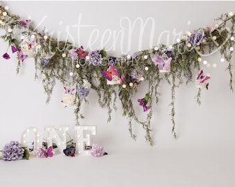 Purple Butterfly Fairy Garden Digital Backdrop - Puprle and Greenery with Butterflies and Twinkle Lights - Great for 1st Birthday Cake Smash