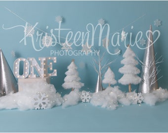 Digital Backdrop - Winter ONEderland 1st birthday cake smash set-up digital backdrop - blue and white winter backdrop for first birthday