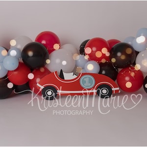 Digital Backdrop Race Car Themed Balloon Garland - Black, white, red & blue - 1st birthday background for cake smash photos