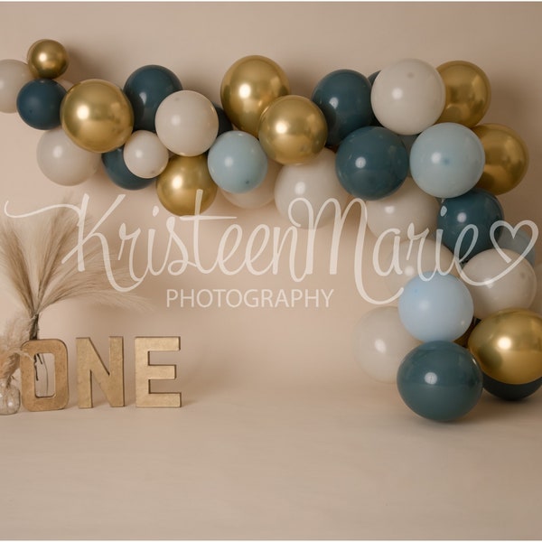 Gold and Blue Boho Balloon Arch - Cake Smash Digital Backdrop for Boy
