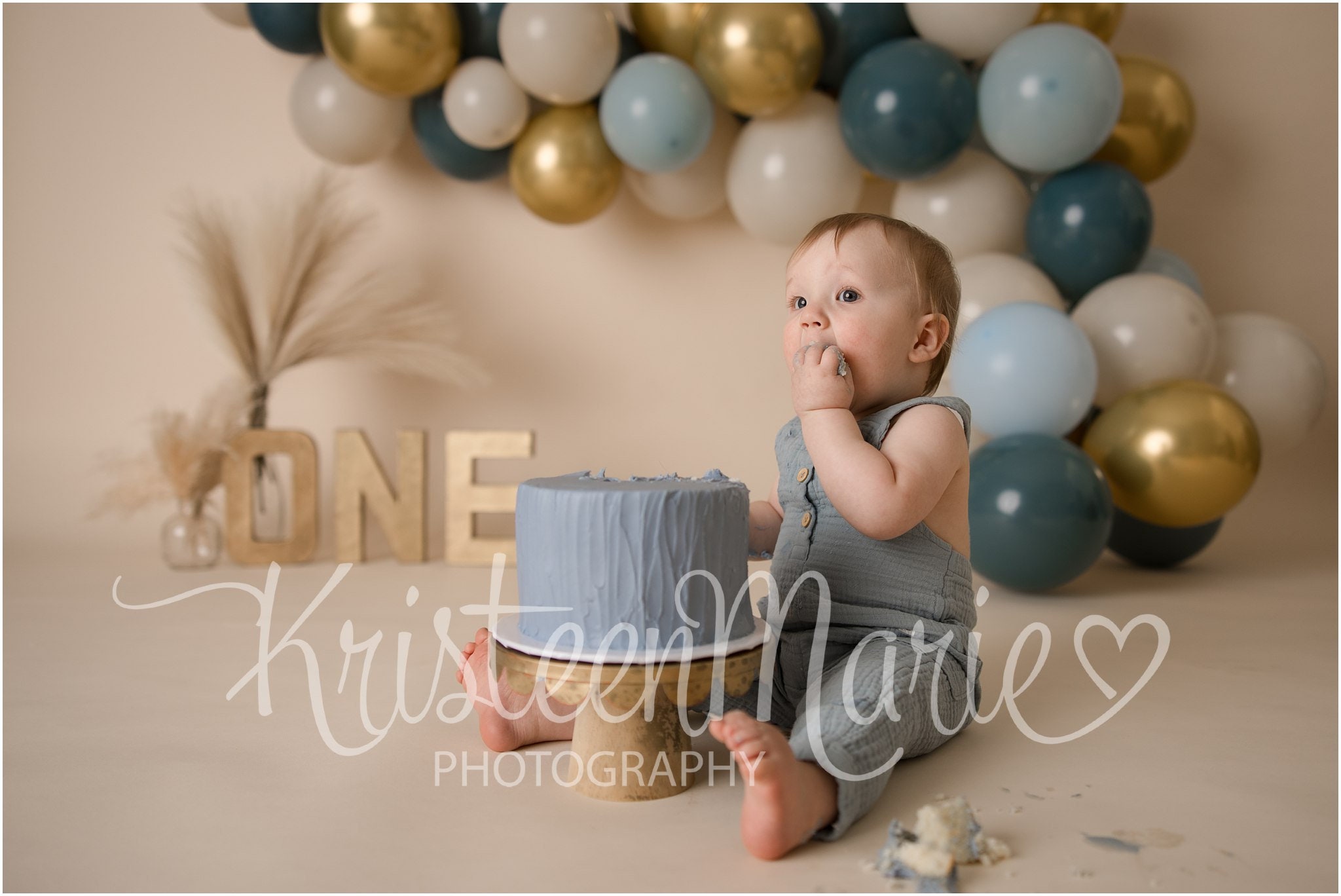 Gold and Blue Boho Balloon Arch - Cake Smash Digital Backdrop for Boy ...