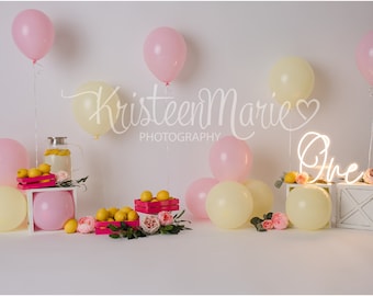 Pink Lemonade Digital Backdrop - Lemons, pink flowers, and greenery - Great for 1st Birthday Cake Smash Photography