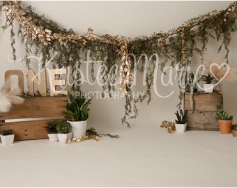 Succulents with Greenery and Gold Cake Smash Digital Backdrop for Boy or Girl - Boho and Greenery - Greem, Gold, Cream and White