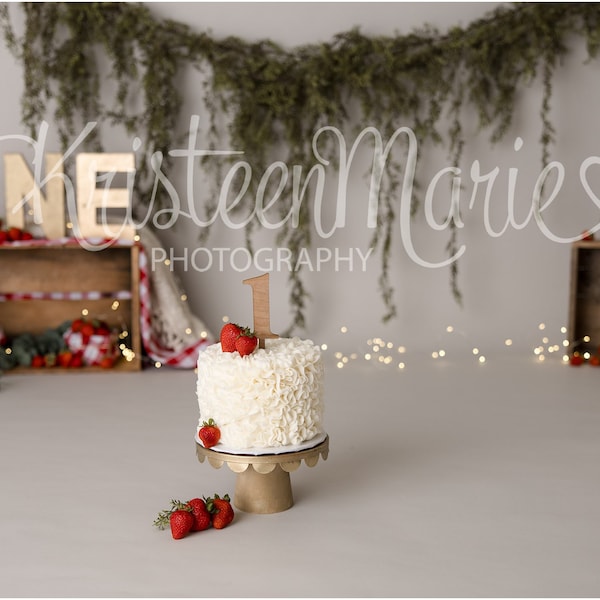 Strawberry Shortcake Floral Greenery Backdrop with buffalo plaid and rustic woods - Cake Smash Digital Backdrop