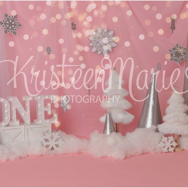 Winter ONEderland Cake Smash Digital Backdrop for Birthday Girl - Pink, silver & glitter - 1st birthday Cake Smash Snowflakes Christmas tree