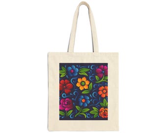 Floral Folk Art Tote Bag | Mexican Otomi Flower Print Canvas Tote