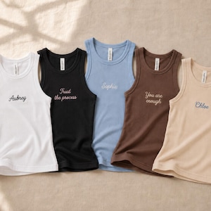 Custom Embroidered Ribbed Tank Top, Personalized Name Tank, Custom Quote Shirt, Minimalist Embroidered Crop Tank bild 2