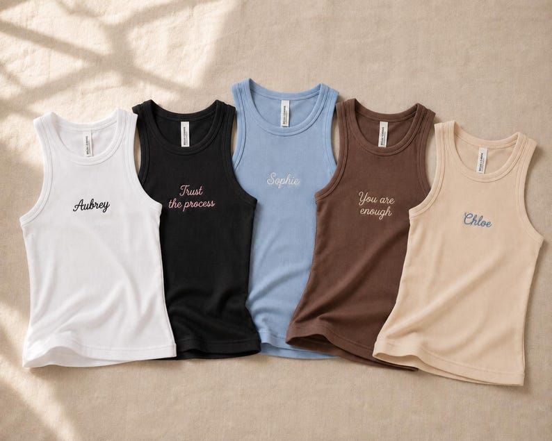 Custom Embroidered Ribbed Tank Top, Personalized Name Tank, Custom Quote Shirt, Minimalist Embroidered Crop Tank bild 2