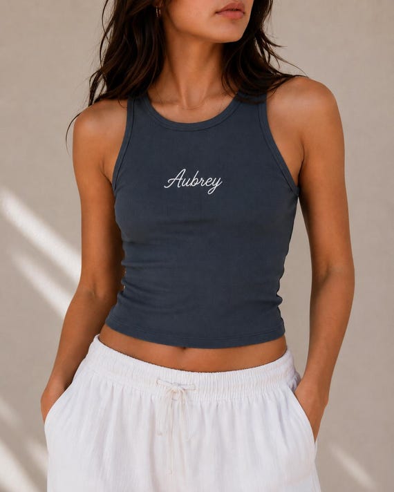 Custom Embroidered Ribbed Tank Top, Personalized Name Tank,  Custom Quote Shirt, Minimalist Embroidered Crop Tank