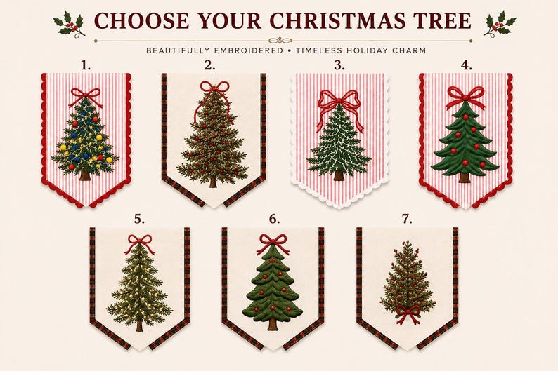May include: Seven embroidered fabric banners featuring Christmas tree designs labeled 1 through 7. The text reads CHOOSE YOUR CHRISTMAS TREE, BEAUTIFULLY EMBROIDERED &bull; TIMELESS HOLIDAY CHARM. Each banner displays a unique tree with various ornaments.