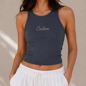 Custom Embroidered Ribbed Tank Top, Personalized Name Tank, Custom Quote Shirt, Minimalist Embroidered Crop Tank bild 3