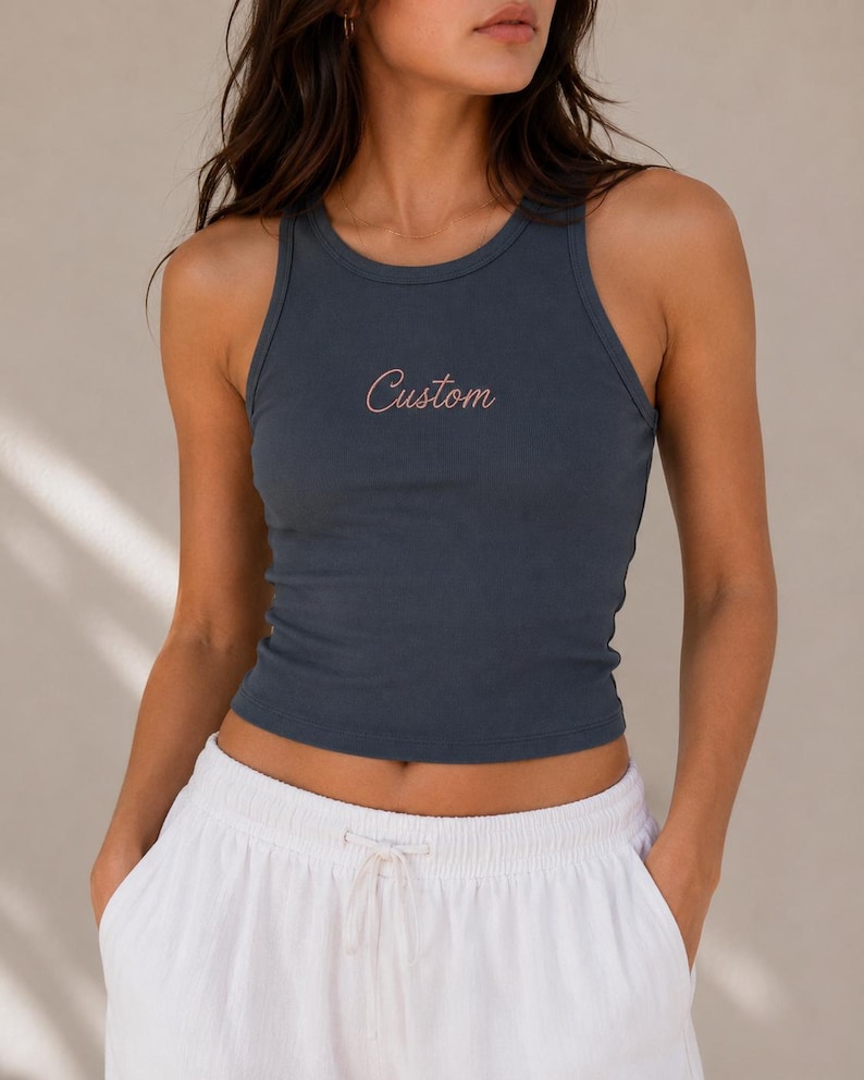 Custom Embroidered Ribbed Tank Top, Personalized Name Tank, Custom Quote Shirt, Minimalist Embroidered Crop Tank bild 3