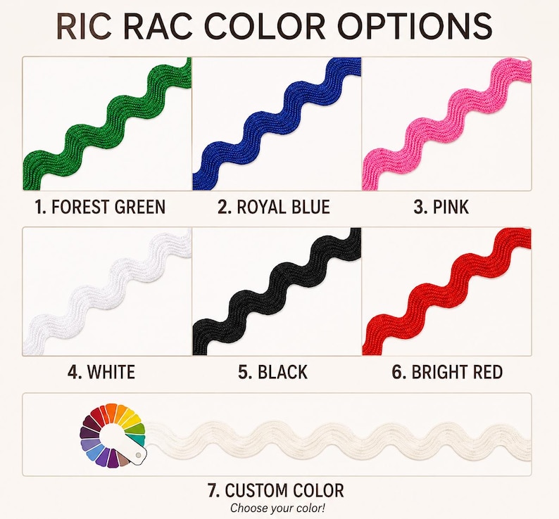 May include: A grid of ric rac trim color options labeled RIC RAC COLOR OPTIONS. The colors include forest green, royal blue, pink, white, black, and bright red. A seventh option shows a cream-colored trim with a color wheel icon labeled CUSTOM COLOR.