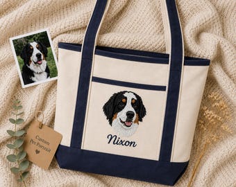 Custom Embroidered Pet Portrait Tote Bag, Personalized Dog Canvas Bag