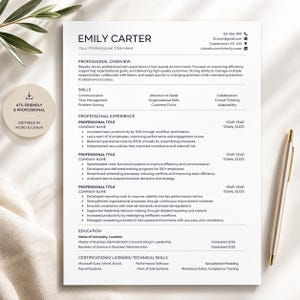 May include: A professional resume template with the name "Emily Carter" at the top. The resume includes sections for professional overview, skills, experience, education, and certifications. The resume is ATS-friendly and editable in Word & Canva.