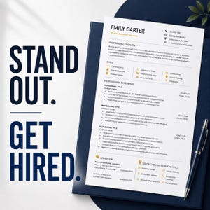 May include: A resume template with the name "Emily Carter" and the words "Stand Out. Get Hired." in large, bold text. The resume includes sections for professional overview, skills, and experience. A pen rests on the document.