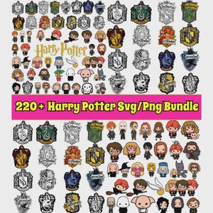 May include: A collection of Harry Potter-themed digital graphics, including character illustrations and house crests. The image features a variety of designs, such as the Hogwarts crests and character portraits. Text reads "220+ Harry Potter Svg/Png Bundle".