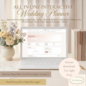 May include: A white laptop displays a wedding planner interface, with text reading "ALL IN ONE INTERACTIVE Wedding Planner." The image includes a vase of flowers, books, and text: "Browser Based," "Total Privacy," and "Instant download."