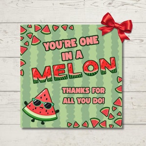 Può includere: Una carta quadrata con sfondo verde e strisce verticali. La carta presenta il testo "You're one in a melon, Thanks for all you do!" in rosso. È presente anche una fetta di anguria con occhiali da sole.