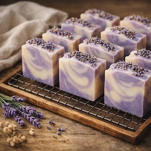 Puede incluir: Una bandeja de madera contiene varias barras rectangulares de jabón de lavanda. El jabón tiene un diseño veteado de colores morado y crema, cubierto con capullos de lavanda secos. La bandeja está sobre una superficie de madera, con ramitas de lavanda y flores secas cerca.