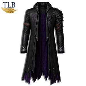 May include: A black long coat featuring a purple inner lining, layered shoulder armor plates, brown buckled straps on the sleeves, and intricate purple embroidery on the chest. The hemline has a jagged, distressed finish with pointed edges.