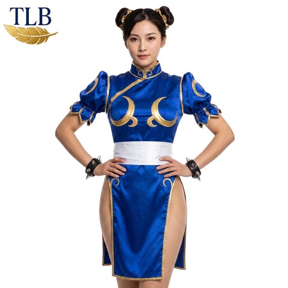 Chun Li Cosplay Costume Blue Satin Cheongsam Qipao Dress Fighter Halloween Costume Comic Con Outfit Video Game Cosplay Women
