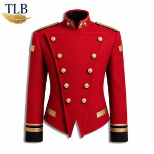 May include: A vibrant red military-style jacket featuring a high collar, double-breasted front with gold-toned buttons, gold shoulder epaulets, and black cuffs with gold trim. The design includes a pointed hemline and structured shoulders.