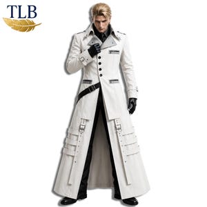 Könnte beinhalten: Ein langer weißer Trenchcoat mit schwarzer Knopfleiste, einem diagonalen schwarzen Riemen an der Taille und mehreren Schnallenriemen an den unteren Vorderteilen. Der Mantel wird über einem schwarzen Hemd und einer schwarzen Hose mit Handschuhen getragen.