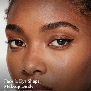 Pode incluir: Um guia de maquiagem Face & Eye Shape Makeup Guide com o texto 14 SHAPES MAPPED, Face & Eye Shape Makeup Guide, Real technique steps & product picks for every shape e SHAPE & SHADE BEAUTY. A imagem mostra um close-up de olhos com delineador.