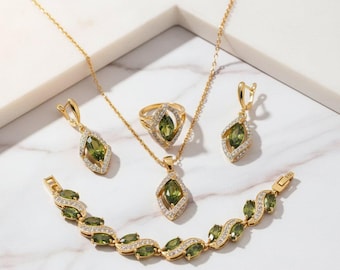 Olive Green Jewelry Set Gold Plated, 4-Piece Marquise Bridal Set, Wedding Gift for Her