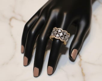 Ornate Wide Band Ring, Three Tone Gold Silver Zircon Pave, Vintage Statement Cocktail Jewelry