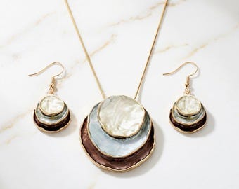 Artistic Enamel Layered Disc Necklace Earrings Set, Boho Statement Jewelry