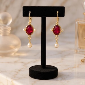 Byzantinische Perlen Ohrringe, Gold Edelstein Tropfen Ohrring, Rot Blau Grün Vintage Statement Schmuck