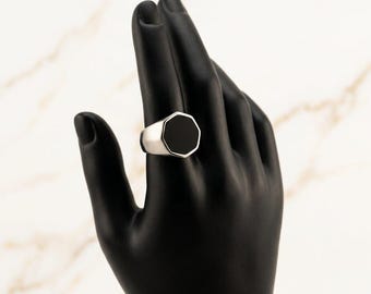 Men's Hexagon Signet Ring, Black Titanium Steel Octagon Band, Minimalist Geometric Jewelry