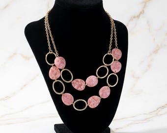 Layered Statement Necklace Gold, Chunky Acetate Link Chain, Colorful Geometric Bib Necklace for Women
