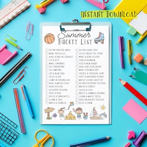 May include: A white clipboard with a Summer Bucket List checklist featuring illustrations of a basketball, roller skate, and children playing. The list includes activities like go on a nature walk, make popsicles, and build a sandcastle, surrounded by colorful stationery items on a blue background.