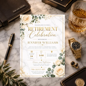 Pode incluir: Um convite retangular para uma celebração de reforma com fundo de mármore branco, borda dourada e rosas cor de creme com folhas de eucalipto verdes. O texto diz: Please join us for a retirement celebration honoring Jennifer Williams.
