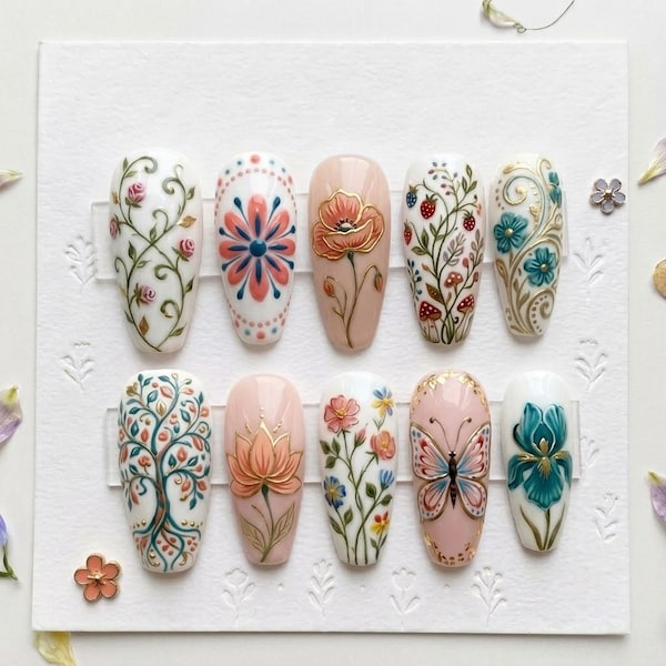 Whimsical Cottagecore Press Nails, Folk Art Coffin Fake Nails, Botanical Glue Nails
