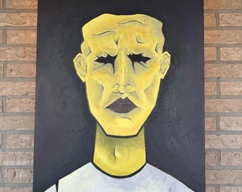 Pintura acrílica original de rostro amarillo, retrato expresionista sobre lienzo 3D (50 x 70 cm).